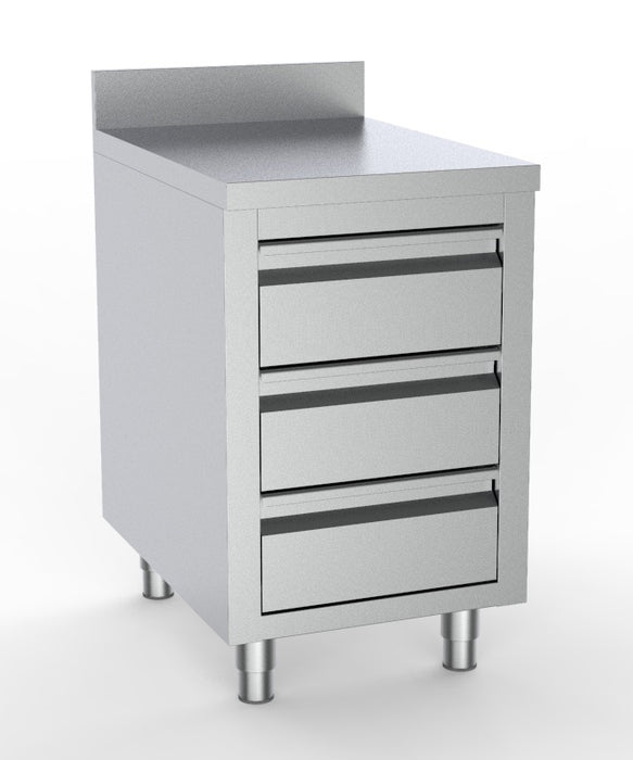Stainless steel worktable with upstand and three front drawers