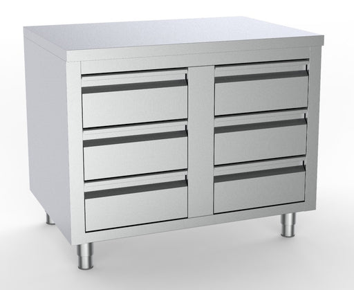 Stainless steel worktable with six drawers, 1000mm wide