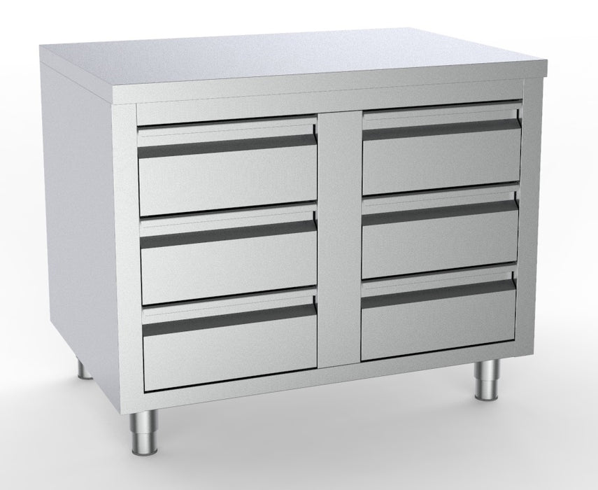 Stainless steel worktable with six drawers, 1000mm wide