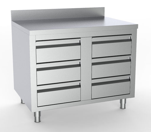 Stainless steel worktable with six drawers and upstand, 1000mm wide