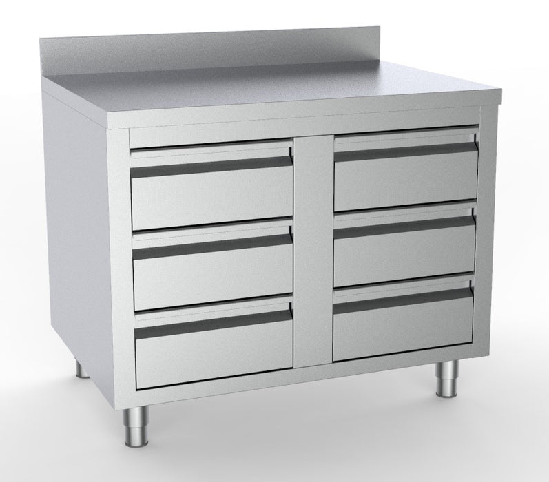 Stainless steel worktable with six drawers and upstand, 1000mm wide