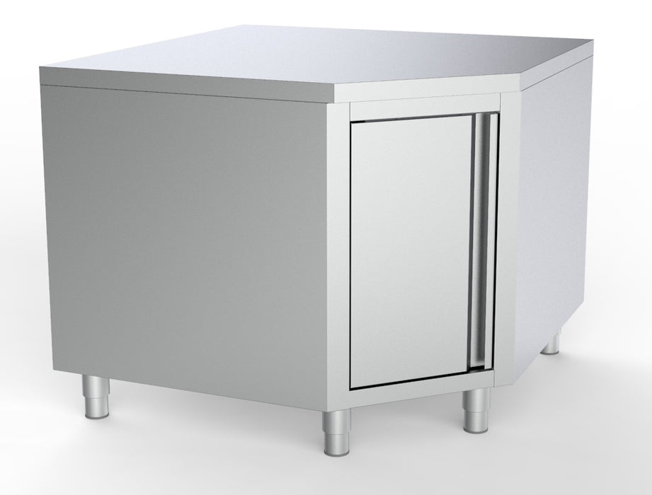 Stainless steel corner worktable with door storage, 1000mm x 600mm footprint.