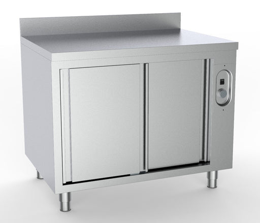 Stainless steel heated cupboard upstand, 1800mm wide, two doors, single shelf