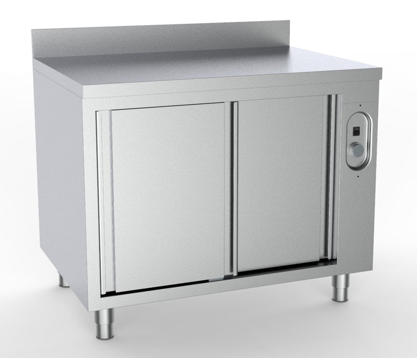 Stainless steel heated cupboard upstand, 1800mm wide, two doors, single shelf