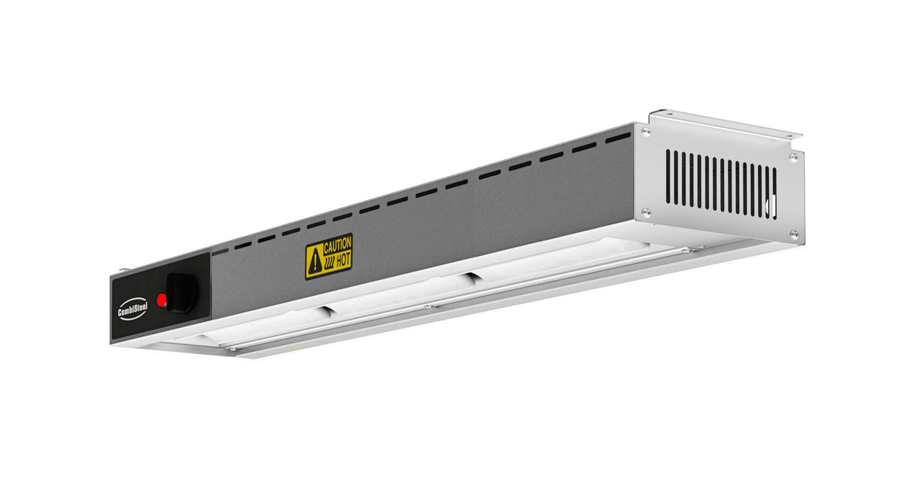 Stainless steel overhead warmer with four ceramic heating elements mounted on wall bracket