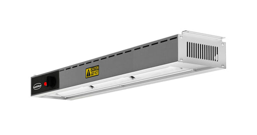 Stainless steel overhead warmer with four ceramic heating elements mounted on wall bracket