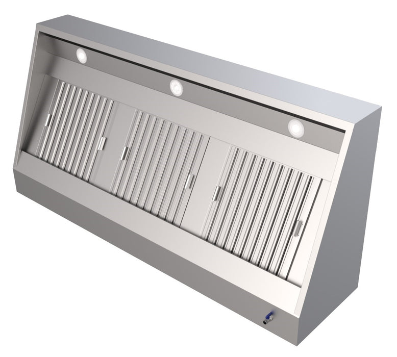 Stainless steel wall-mounted slanted extractor hood with integrated lighting and filters view 2