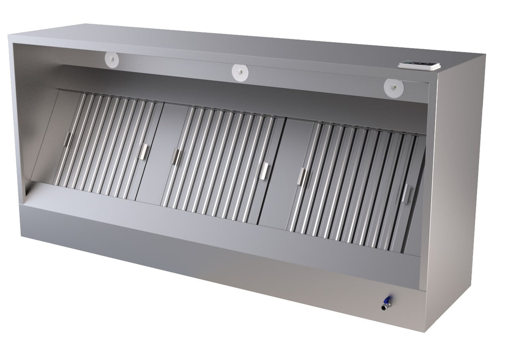 Stainless steel wall-mounted box hood, 1200mm wide, with integrated lighting and grease filter view 2