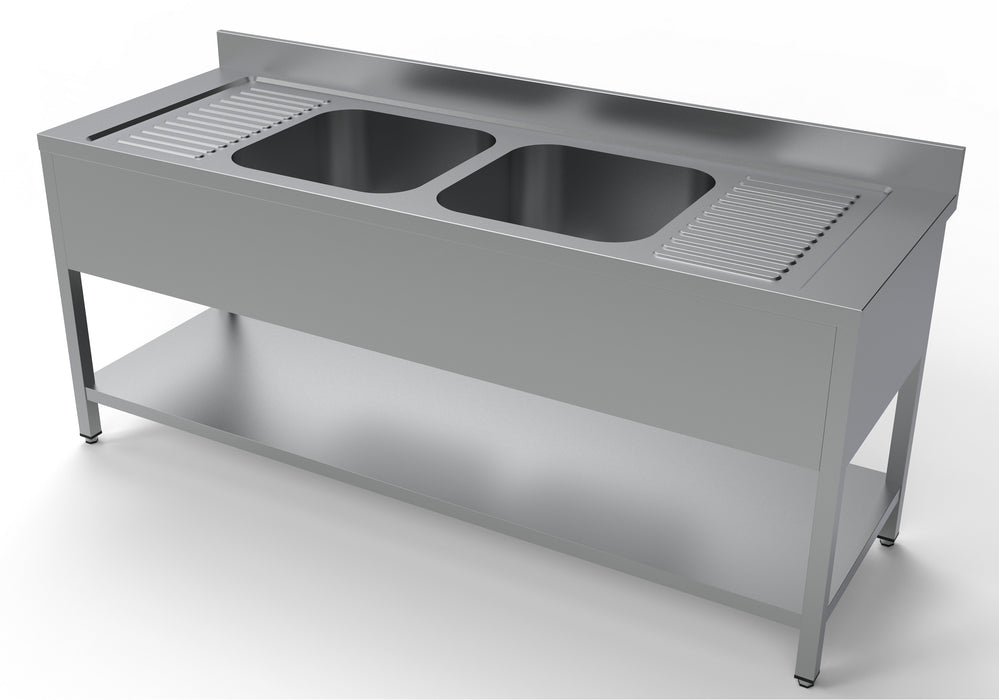 Stainless steel sink unit with 500mm bowl and lower shelf, 2000mm wide