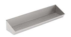 Stainless steel chips scuttle with 900mm width and mounting bracket, front view.
