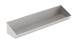 Stainless steel chips scuttle with 900mm width and mounting bracket, front view.