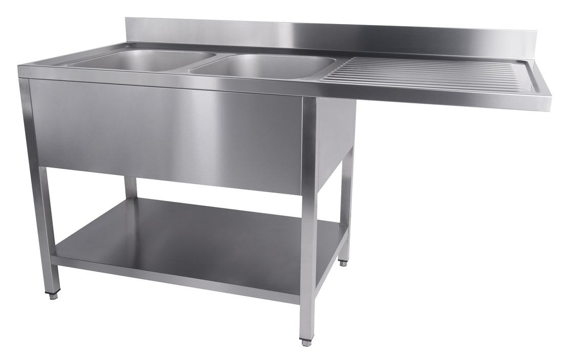 Stainless steel sink unit with single bowl and bottom shelf storage, flat packed.