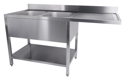 Stainless steel sink unit with single bowl and bottom shelf storage, flat packed.