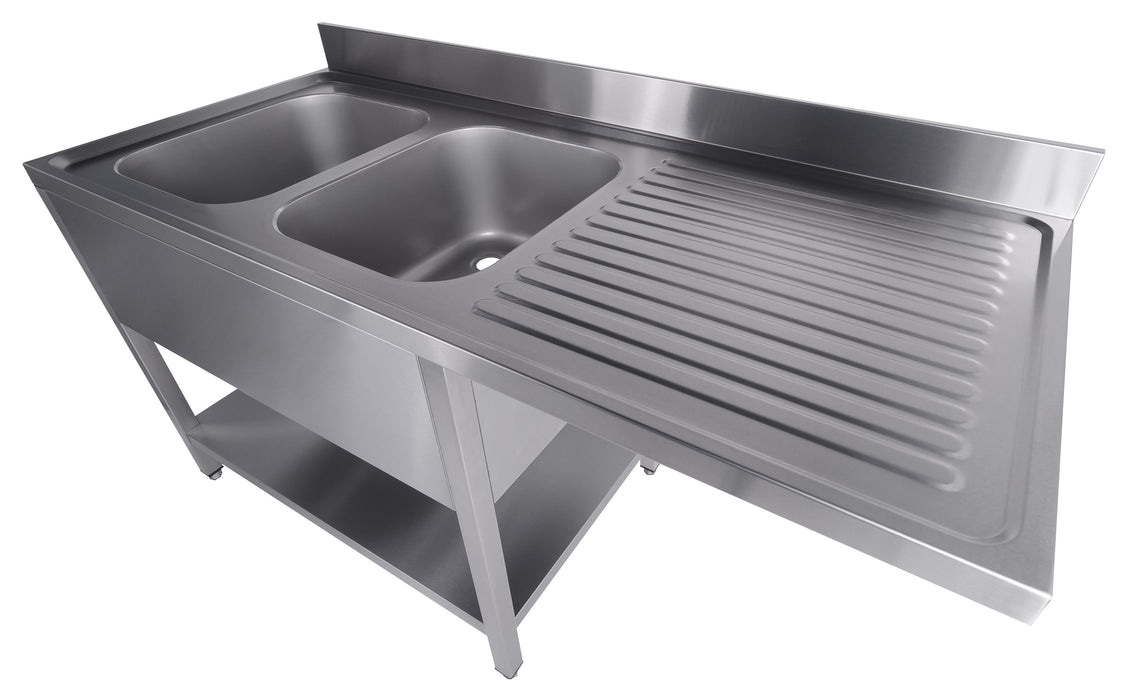 Stainless steel sink unit with single bowl and bottom shelf storage, flat packed. view 2