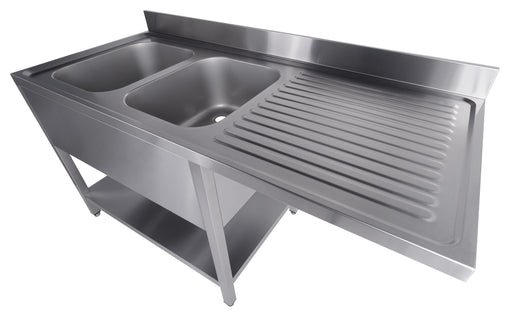 Stainless steel sink unit with single bowl and bottom shelf storage, flat packed. view 2