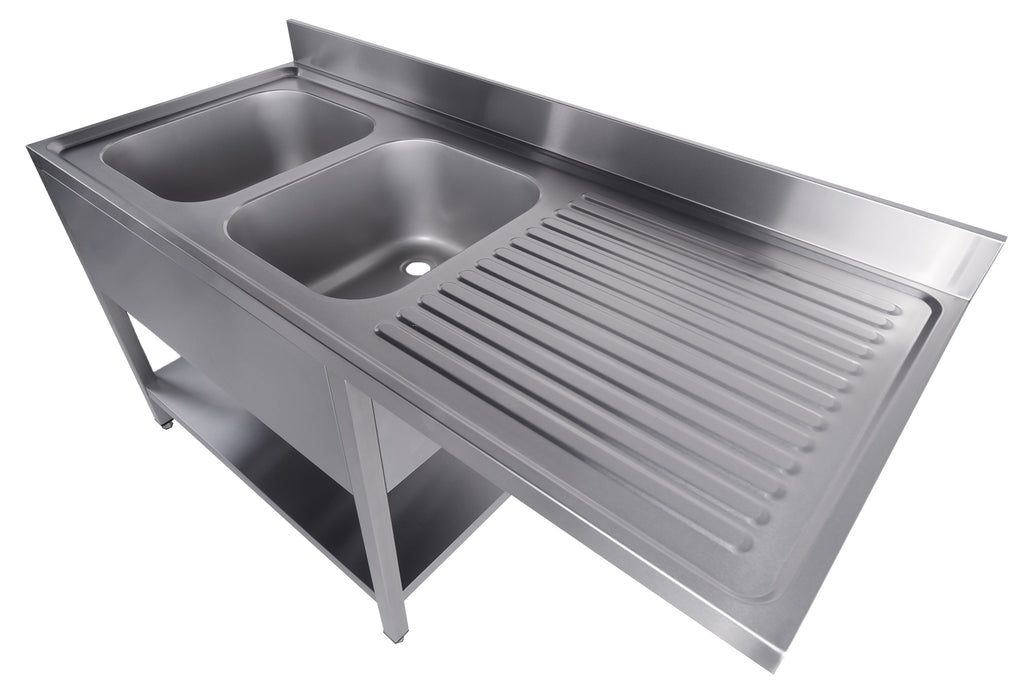 Stainless steel sink unit with single bowl and bottom shelf storage, flat packed. view 3