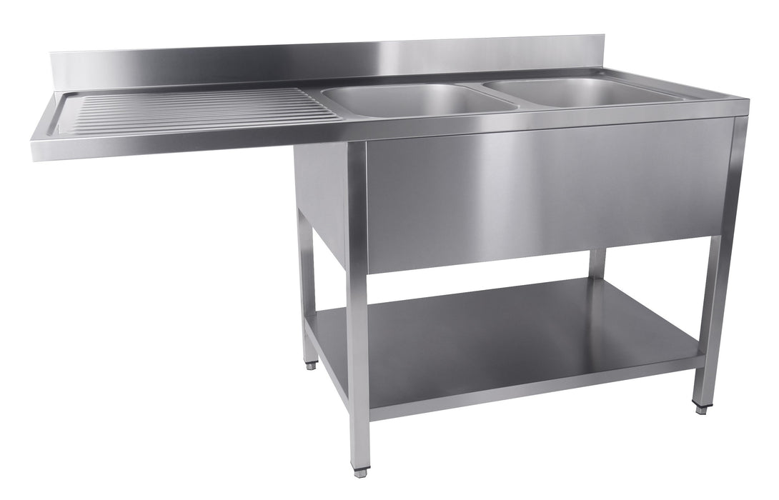 Stainless steel sink unit with bottom shelf, right-hand sink position, flat pack.