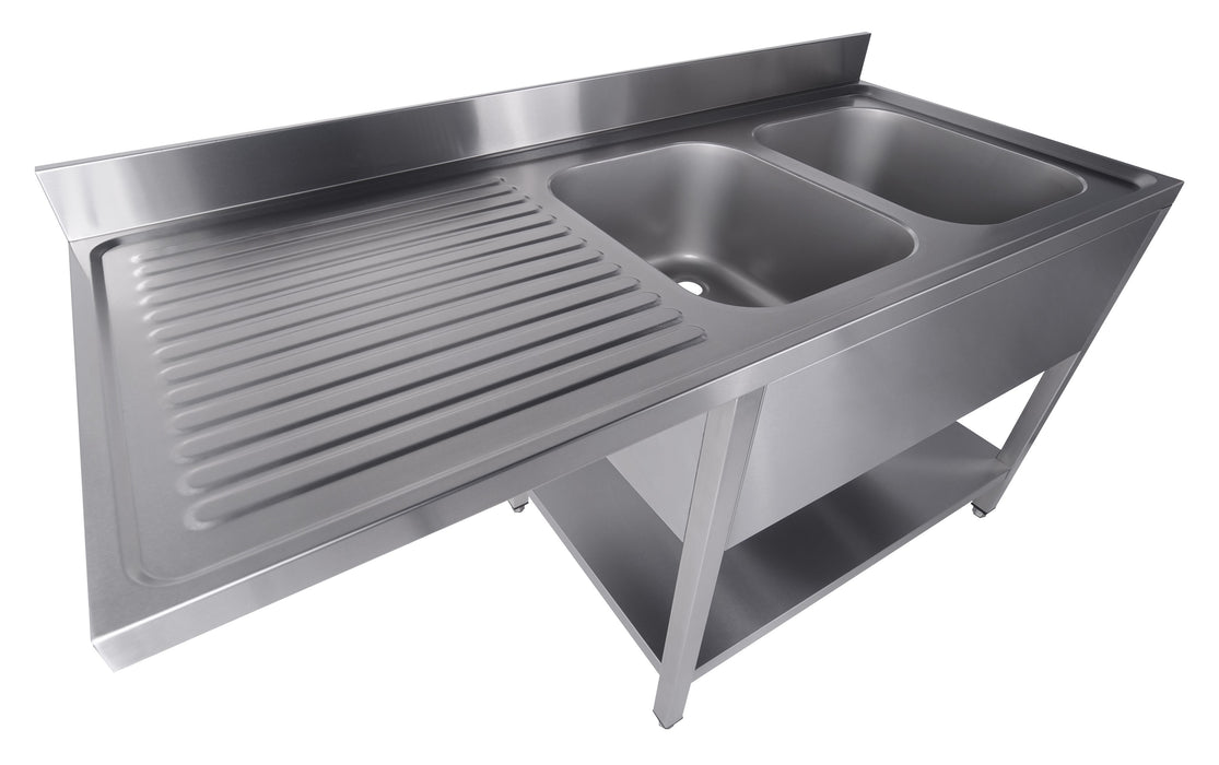 Stainless steel sink unit with bottom shelf, right-hand sink position, flat pack. view 2