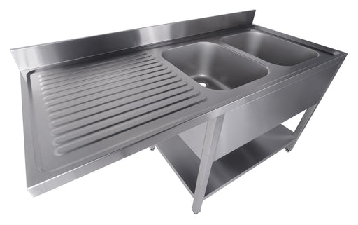 Stainless steel sink unit with bottom shelf, right-hand sink position, flat pack. view 2