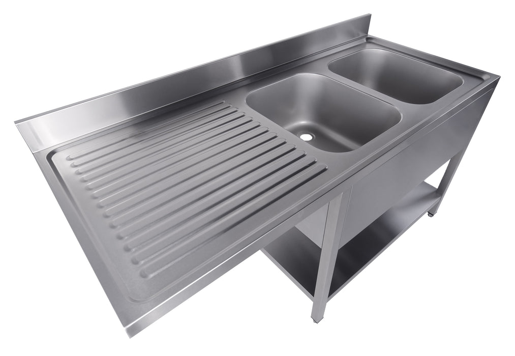 Stainless steel sink unit with bottom shelf, right-hand sink position, flat pack. view 3