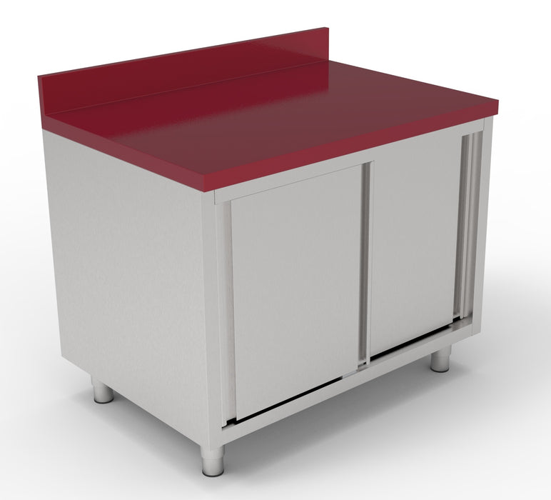 Stainless steel worktable with polyethylene top and two sliding door cupboard below, 1200mm wide