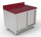Stainless steel worktable with polyethylene top and two sliding door cupboard below, 1200mm wide