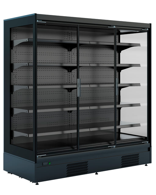 Black wall mounted two door display fridge with five shelves and LED lighting