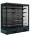 Black wall mounted two door display fridge with five shelves and LED lighting