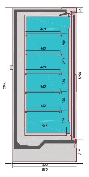 Black wall mounted two door display fridge with five shelves and LED lighting view 2
