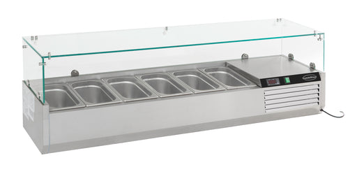 Stainless steel undercounter refrigerated prep unit with GN container access from above.