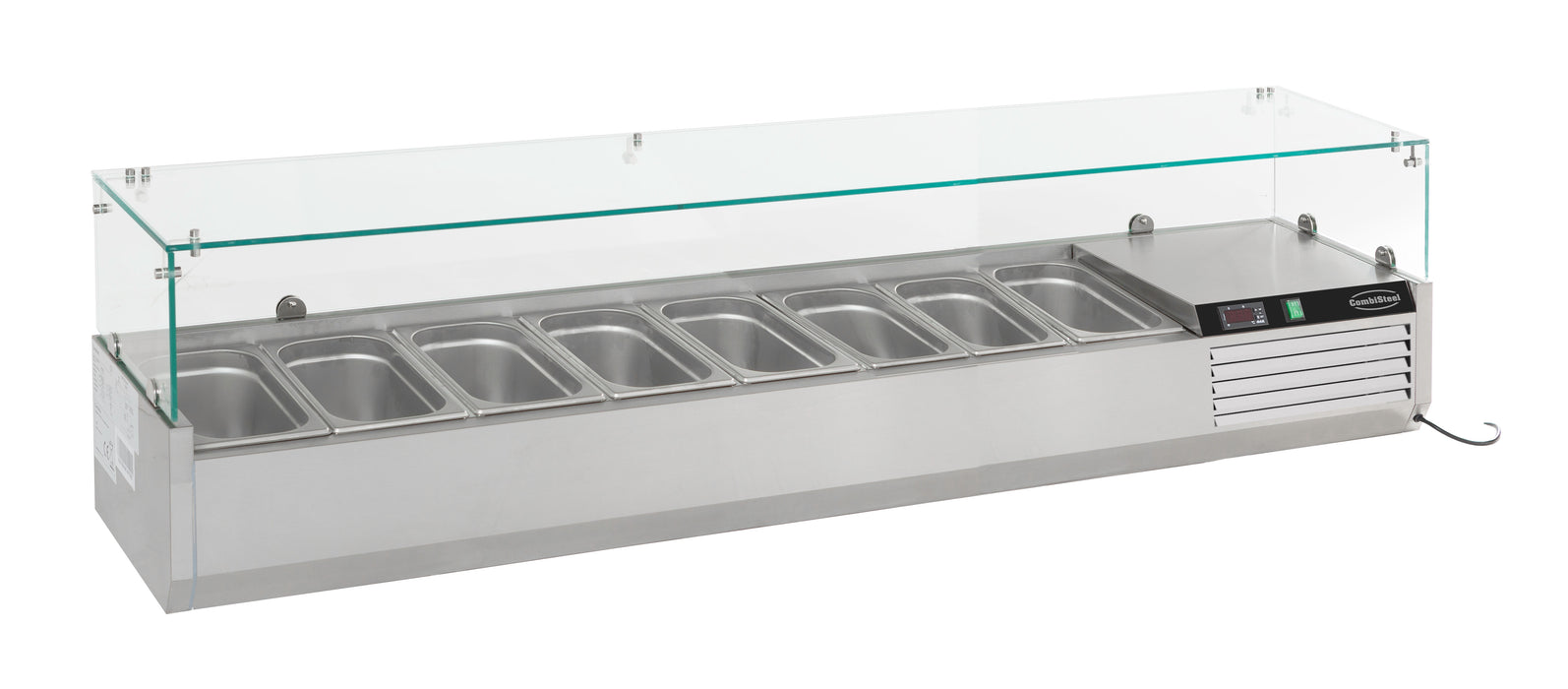 Stainless steel refrigerated countertop with eight 1/4 GN container capacity