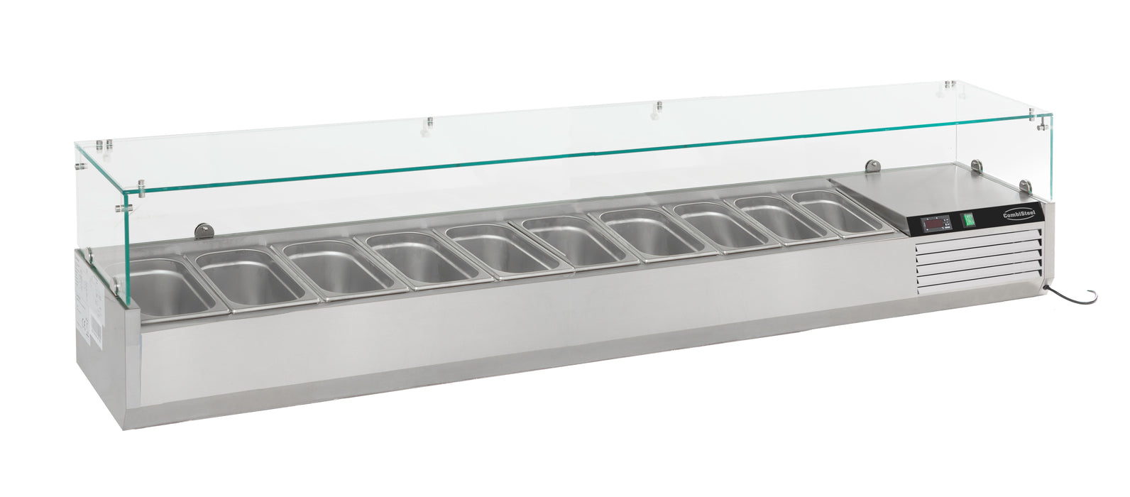 Stainless steel refrigerated countertop with ten 1/4 GN container capacity and long service bars