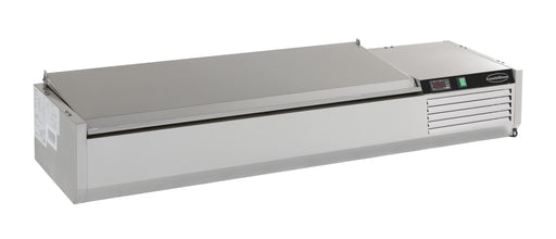 Stainless steel refrigerated countertop with six 1/4 GN pan inserts and control panel