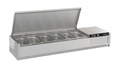 Stainless steel refrigerated counter with top workspace and GN pan storage below view 2