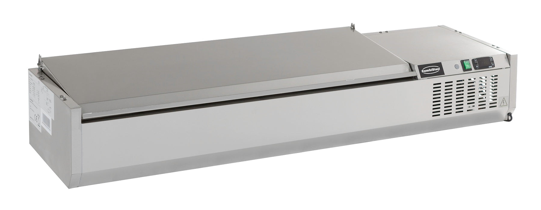 Stainless steel refrigerated countertop with recessed pan wells and sliding bar access.