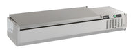 Stainless steel refrigerated countertop with recessed pan wells and sliding bar access.