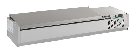 Stainless steel refrigerated countertop with recessed pan wells and sliding bar access.