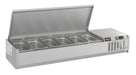 Stainless steel refrigerated countertop with recessed pan wells and sliding bar access. view 2