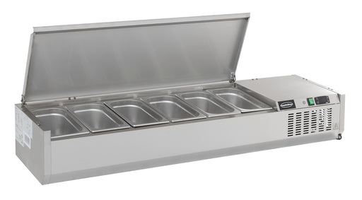 Stainless steel refrigerated countertop with recessed pan wells and sliding bar access. view 2