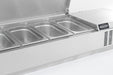 Stainless steel refrigerated countertop with recessed pan wells and sliding bar access. view 5