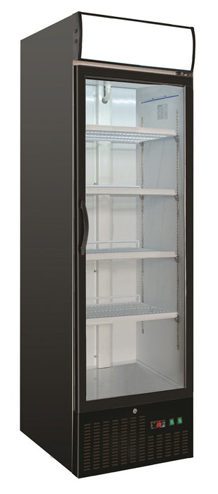 Black upright freezer with single glass door and four internal shelves, 680mm wide