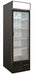 Black upright freezer with single glass door and four internal shelves, 680mm wide