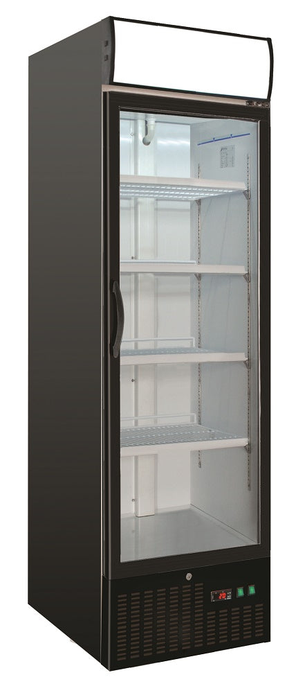 Black upright freezer with single glass door and four internal shelves, 680mm wide