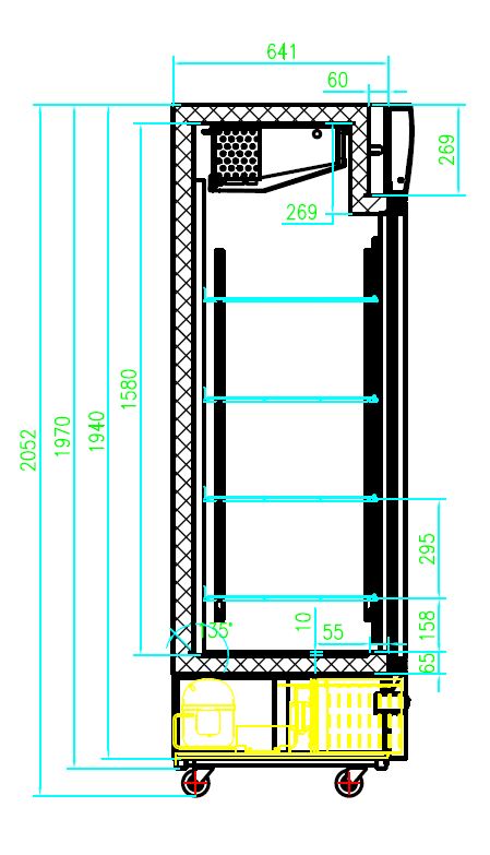 Black upright freezer with single glass door and four internal shelves, 680mm wide view 2