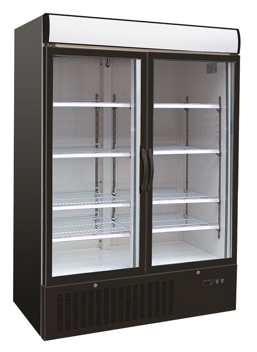 Tall black double glass door commercial freezer with LED lighting and digital controls