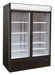 Tall black double glass door commercial freezer with LED lighting and digital controls
