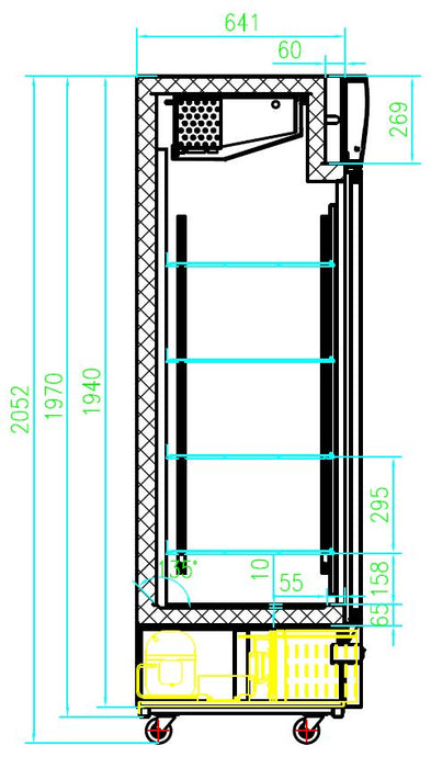 Tall black double glass door commercial freezer with LED lighting and digital controls view 2