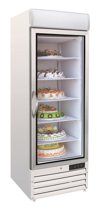 White upright freezer with single glass door and LED interior lighting