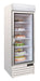 White upright freezer with single glass door and LED interior lighting