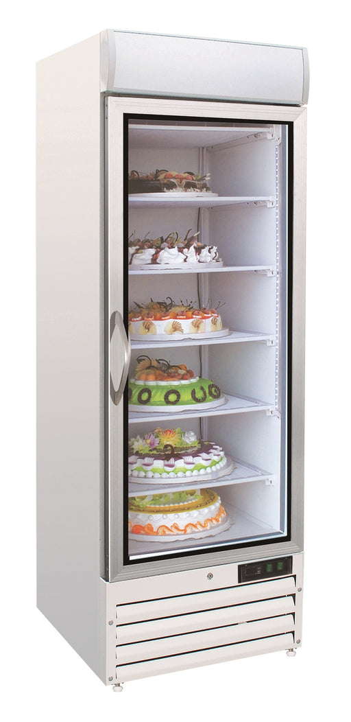 White upright freezer with single glass door and LED interior lighting